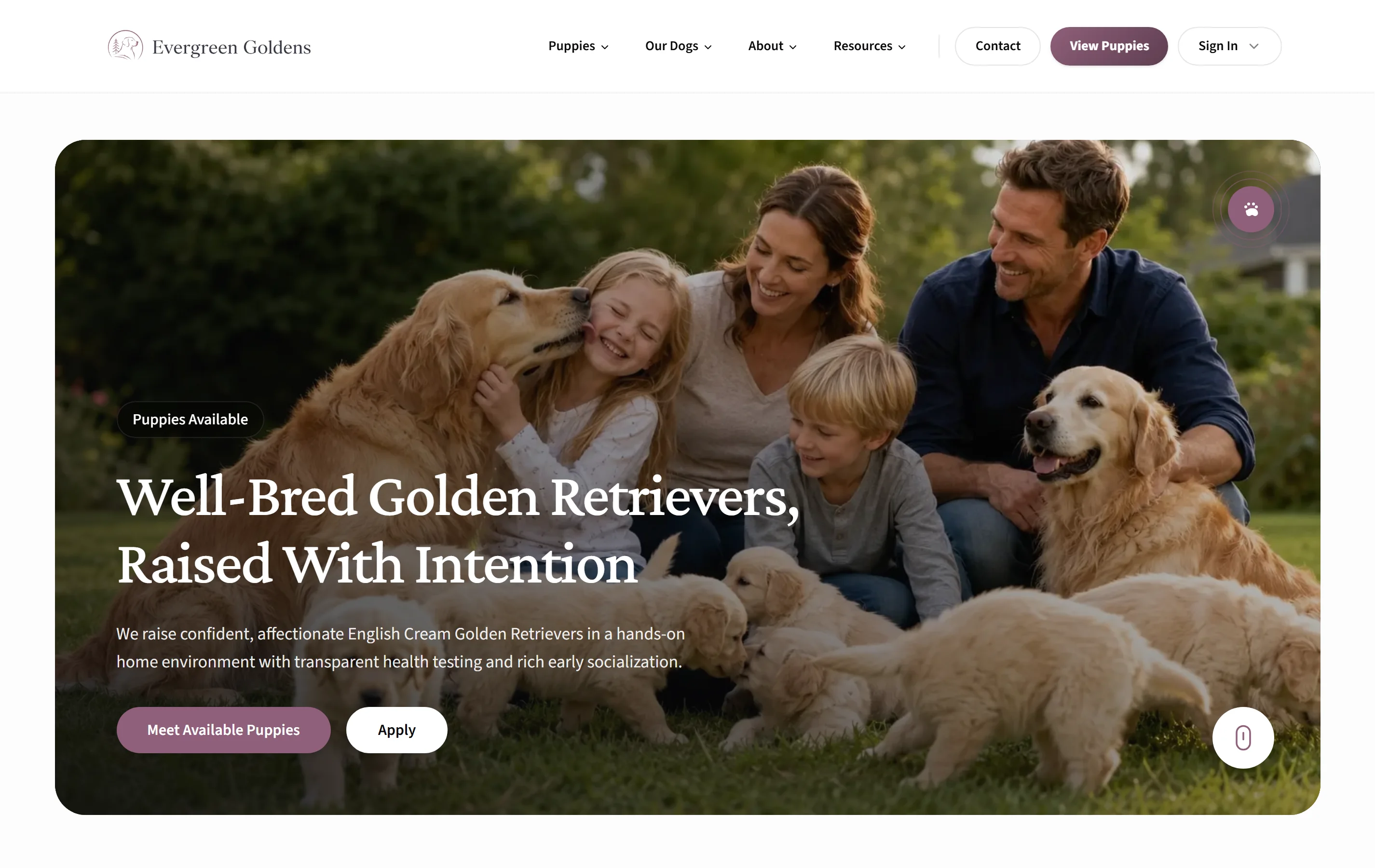 The home page of a breeder site