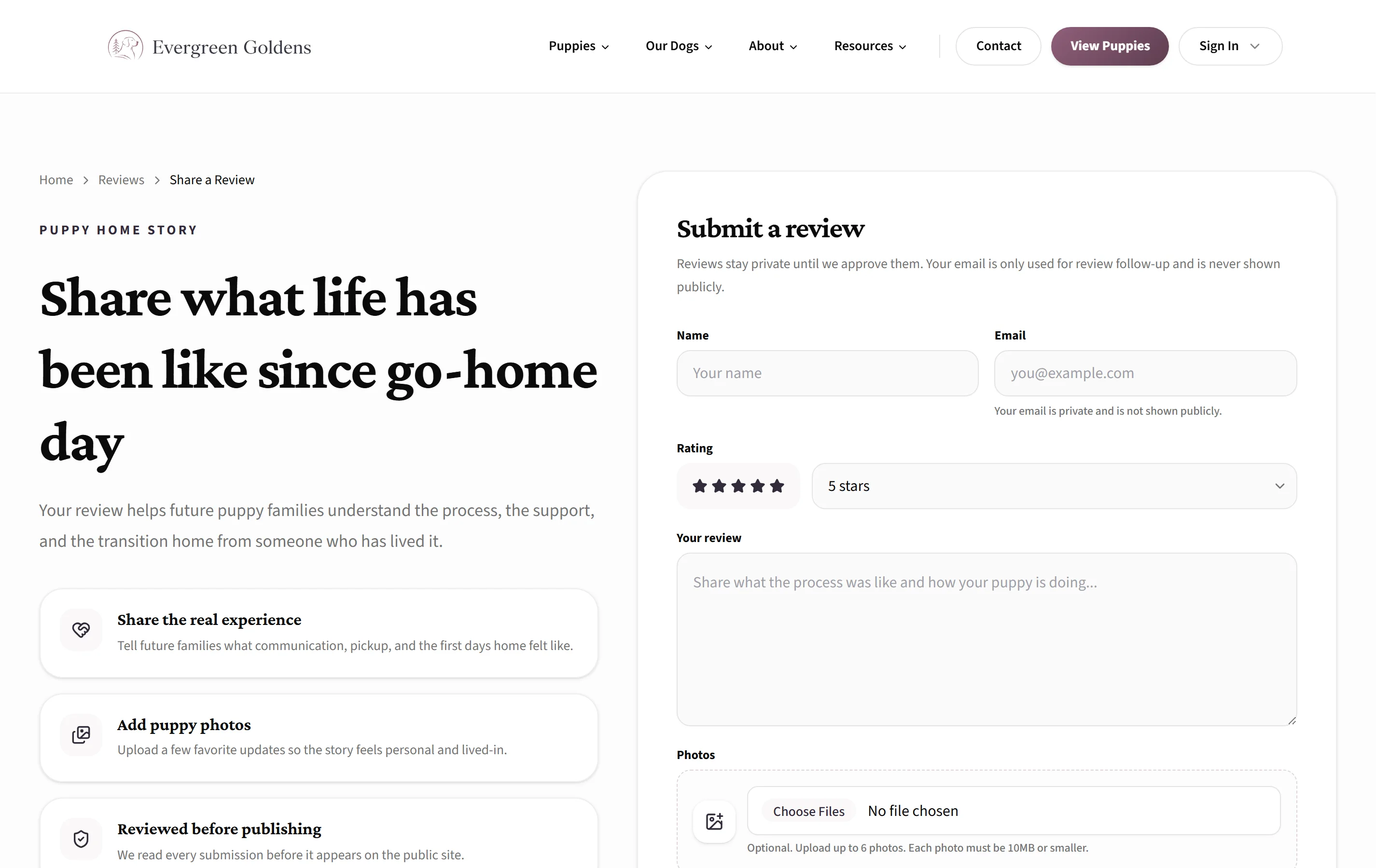 The public reviews page as a visitor sees it