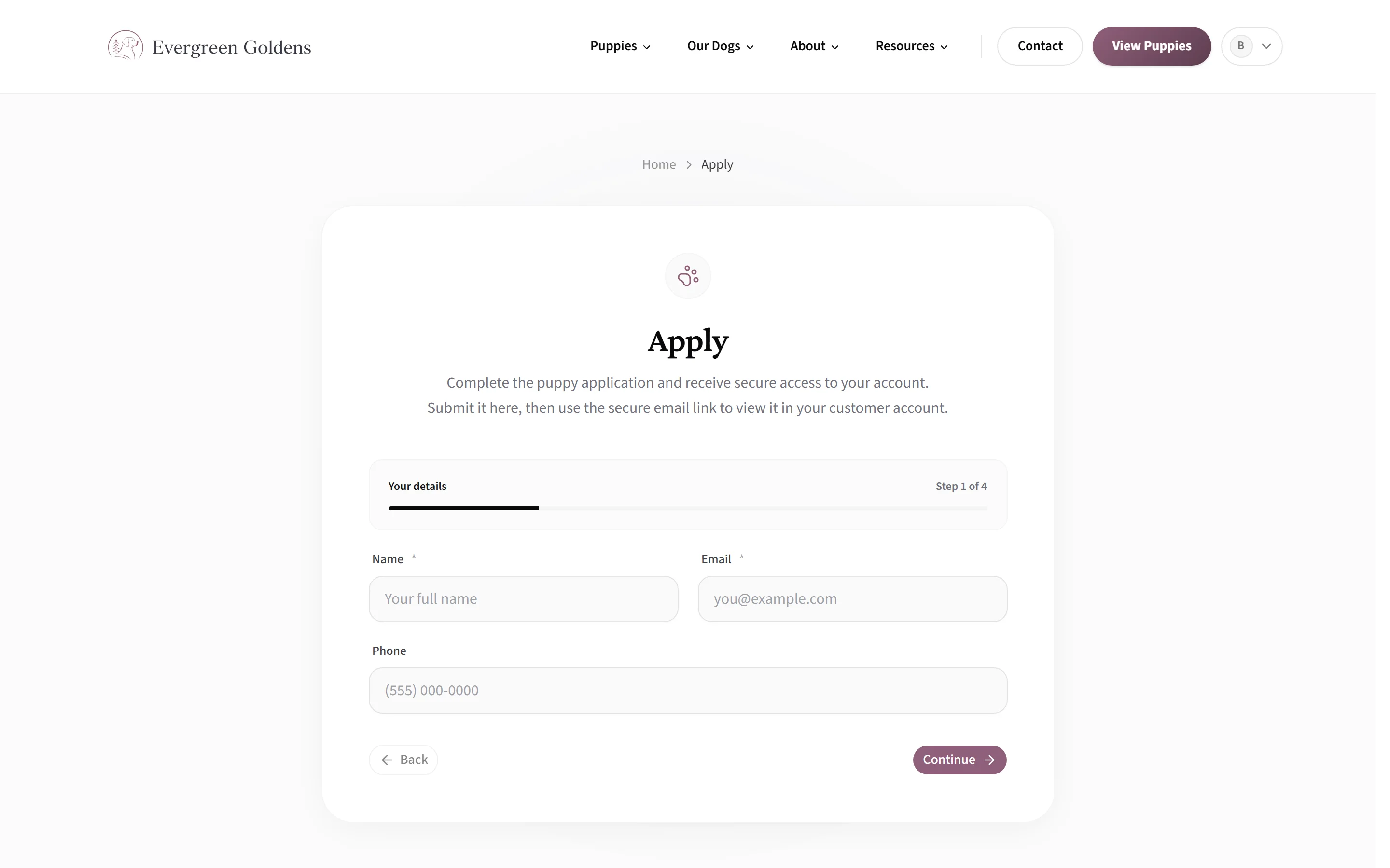 The public Apply page showing the first of four steps