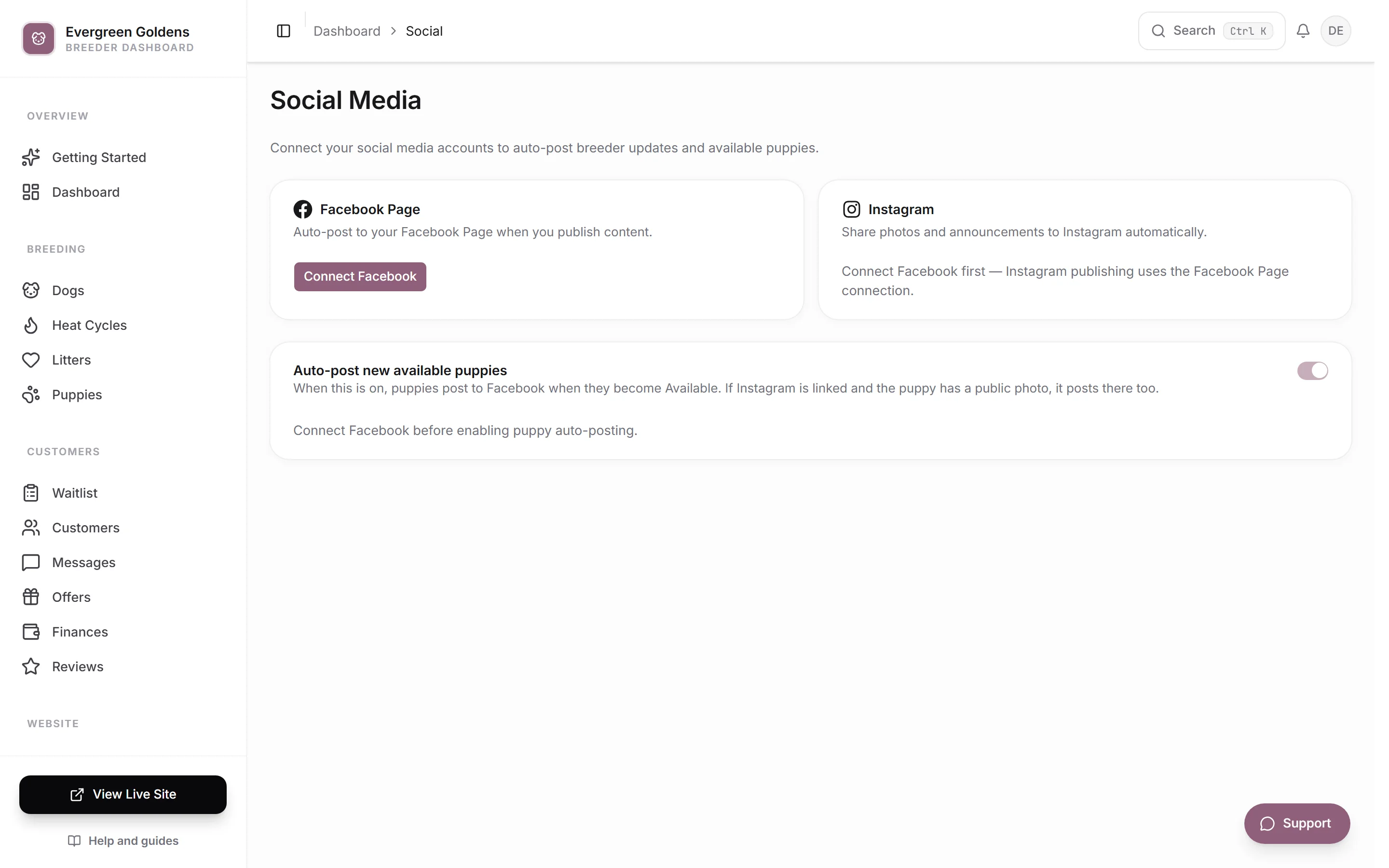 The Social page with the Social link outlined in the sidebar