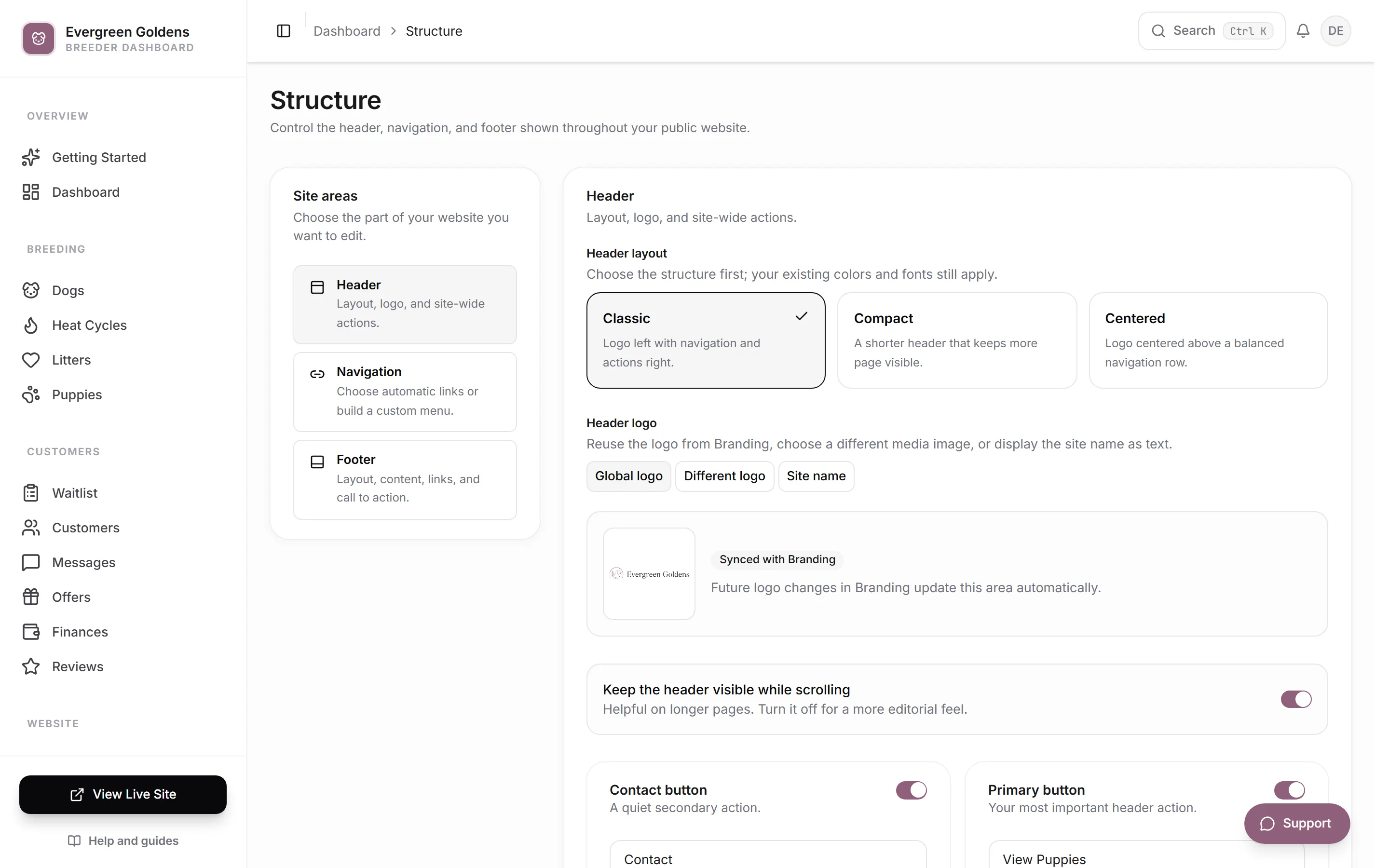 The Structure screen with Header, Navigation, and Footer areas