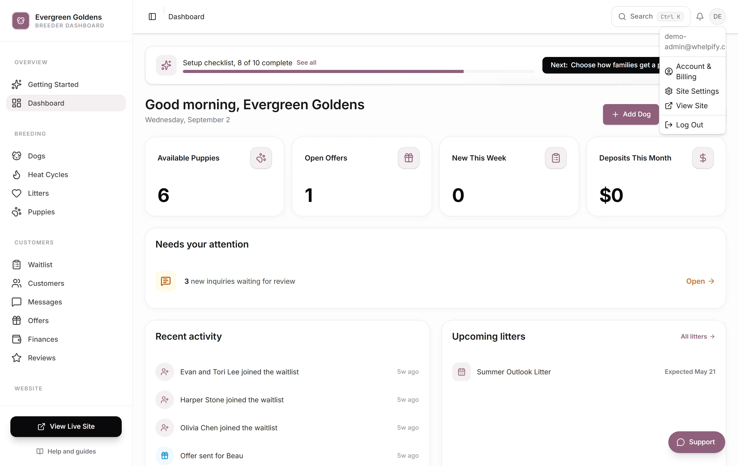 The dashboard with the avatar menu open in the top right corner