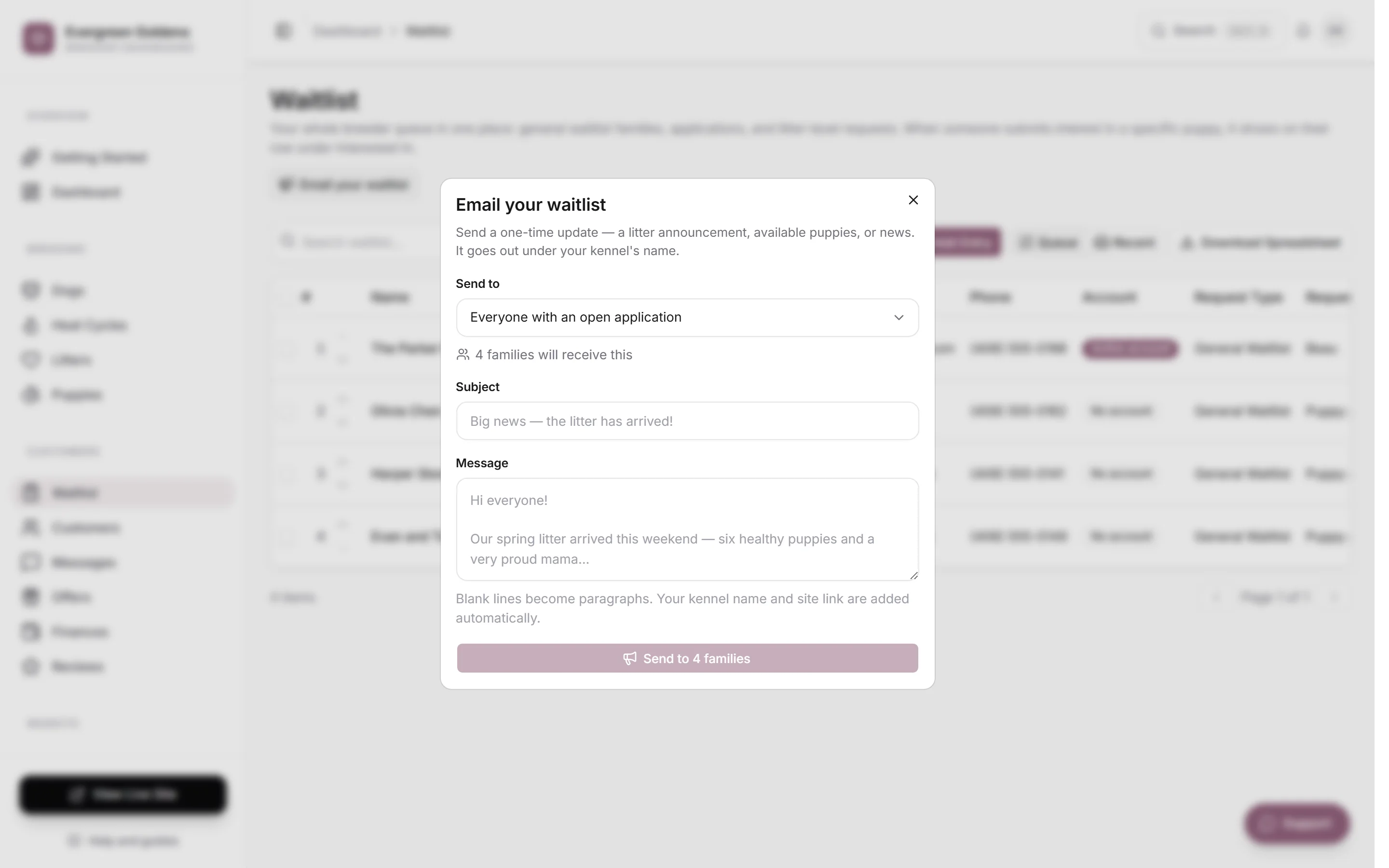 The Email your waitlist dialog with the audience, subject, and message fields