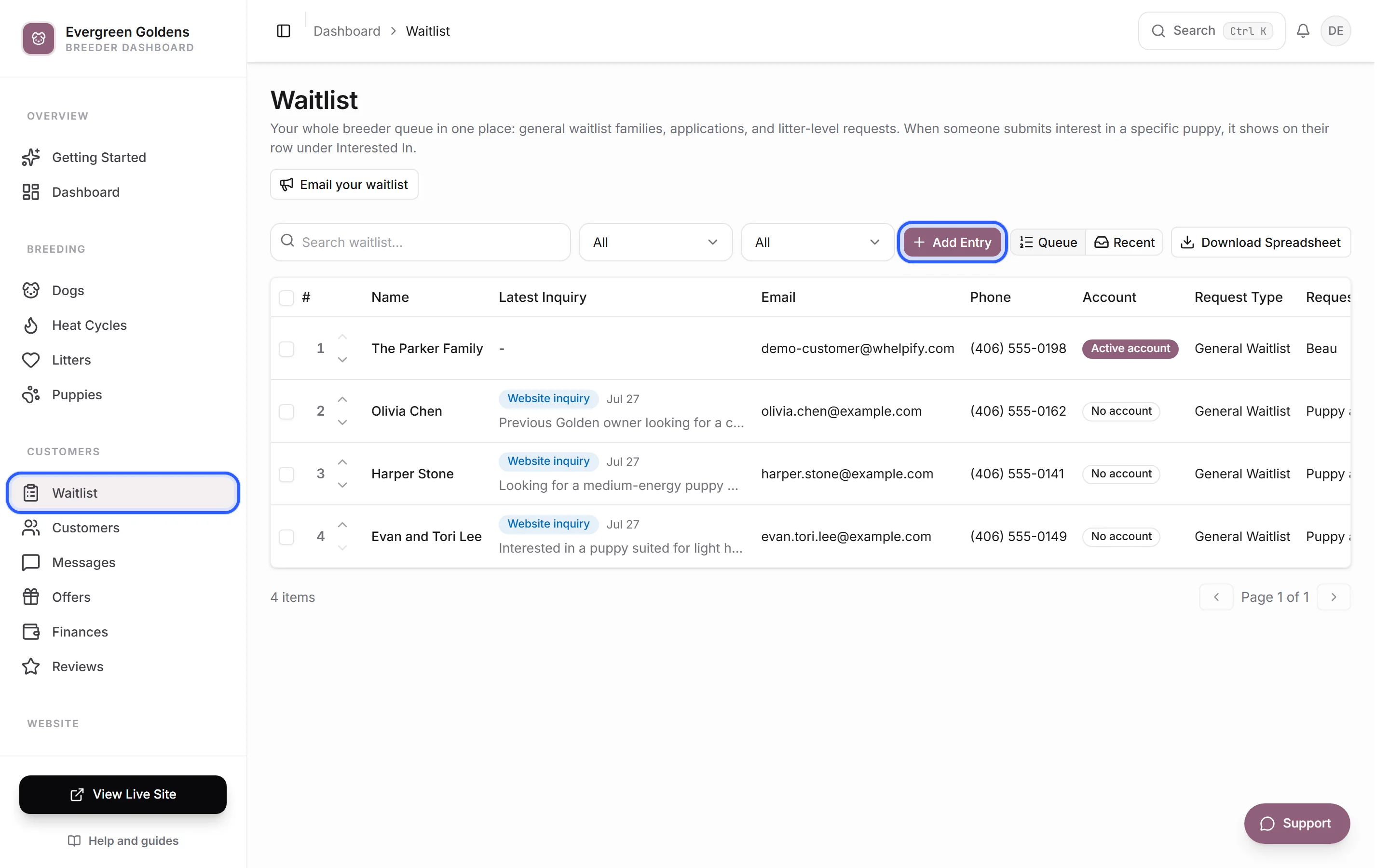 The waitlist page, where the Email your waitlist button lives