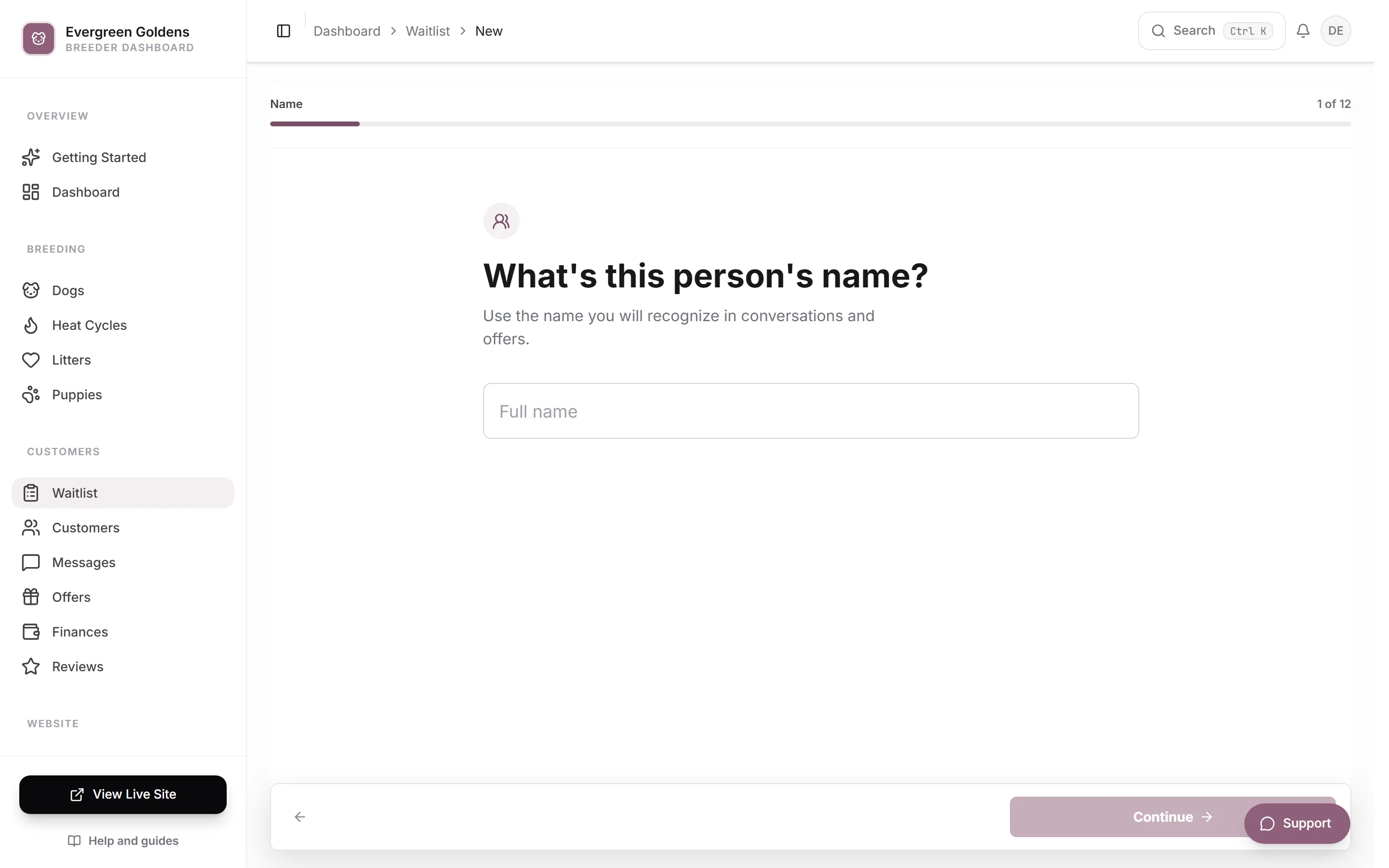 The first screen of the Add Entry wizard, asking for the family's name